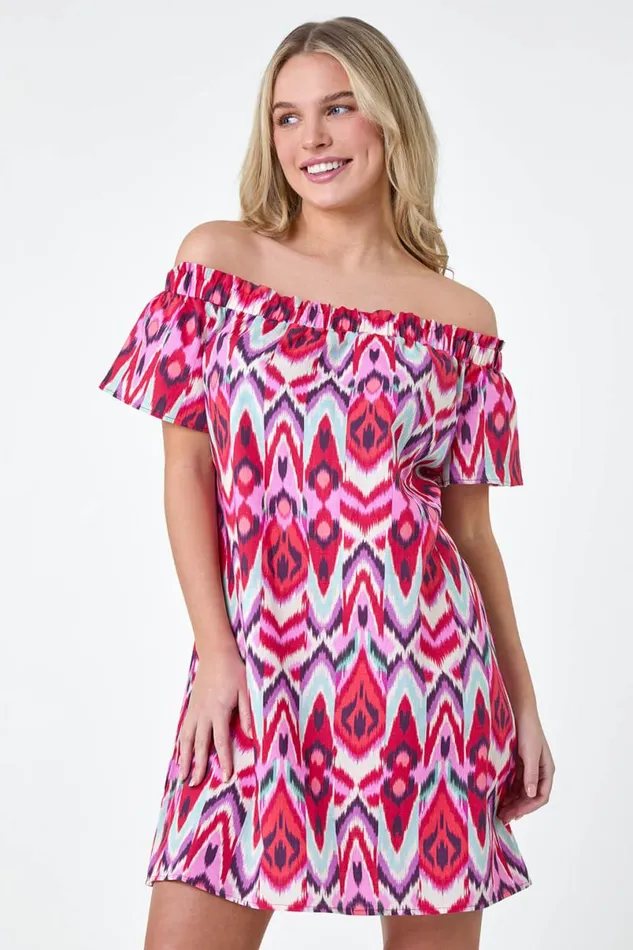 Coral Petite Aztec Print Cotton Bardot Dress Women Roman Dresses