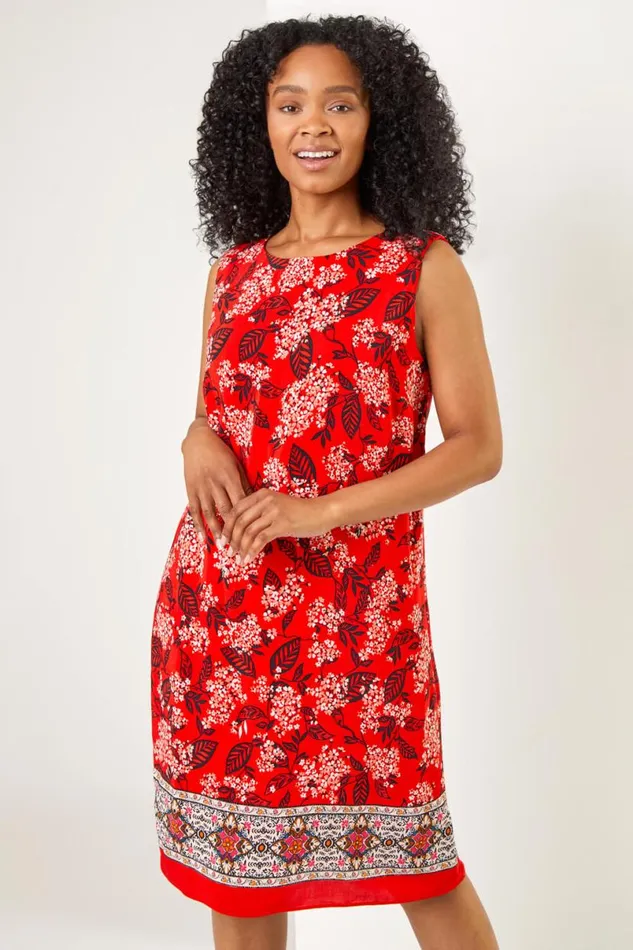 Coral Petite Border Floral Print Shift Dress Women Roman Dresses