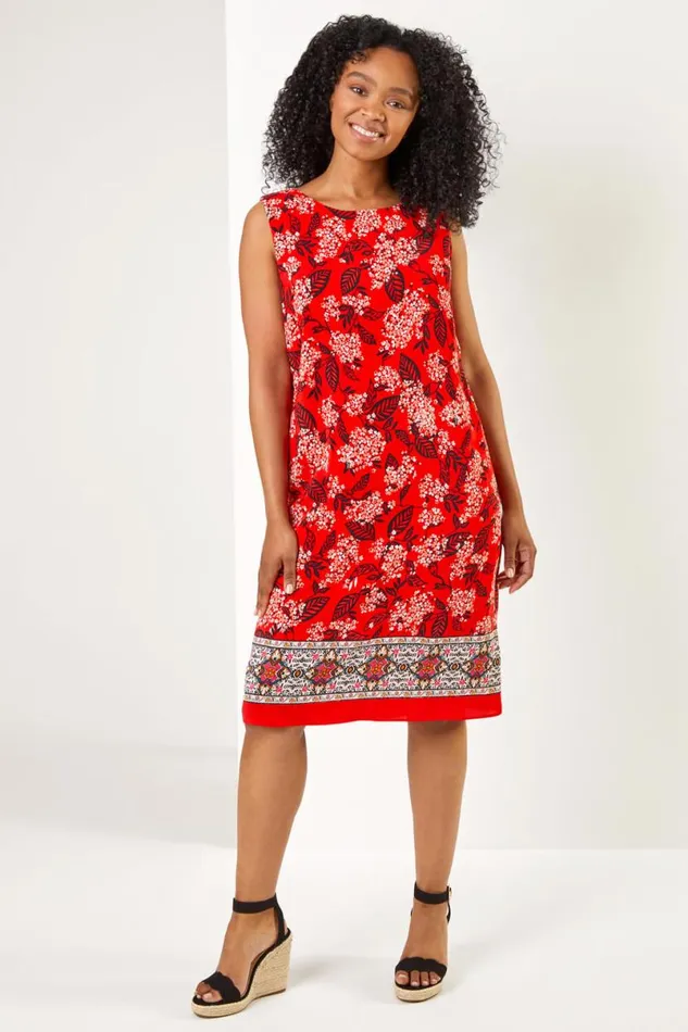 Coral Petite Border Floral Print Shift Dress Women Roman Dresses