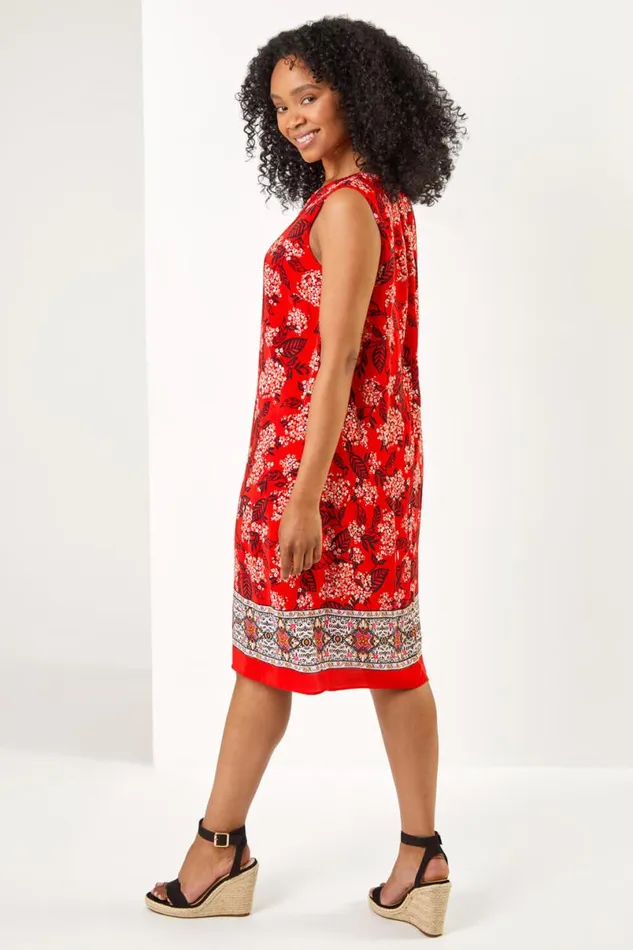 Coral Petite Border Floral Print Shift Dress Women Roman Dresses