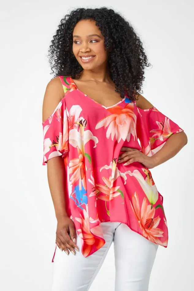 Coral Petite Floral Print Cold Shoulder Chiffon Top Women Roman Tops