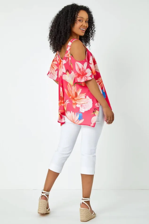 Coral Petite Floral Print Cold Shoulder Chiffon Top Women Roman Tops