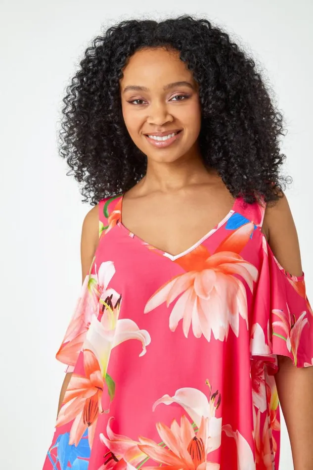 Coral Petite Floral Print Cold Shoulder Chiffon Top Women Roman Tops
