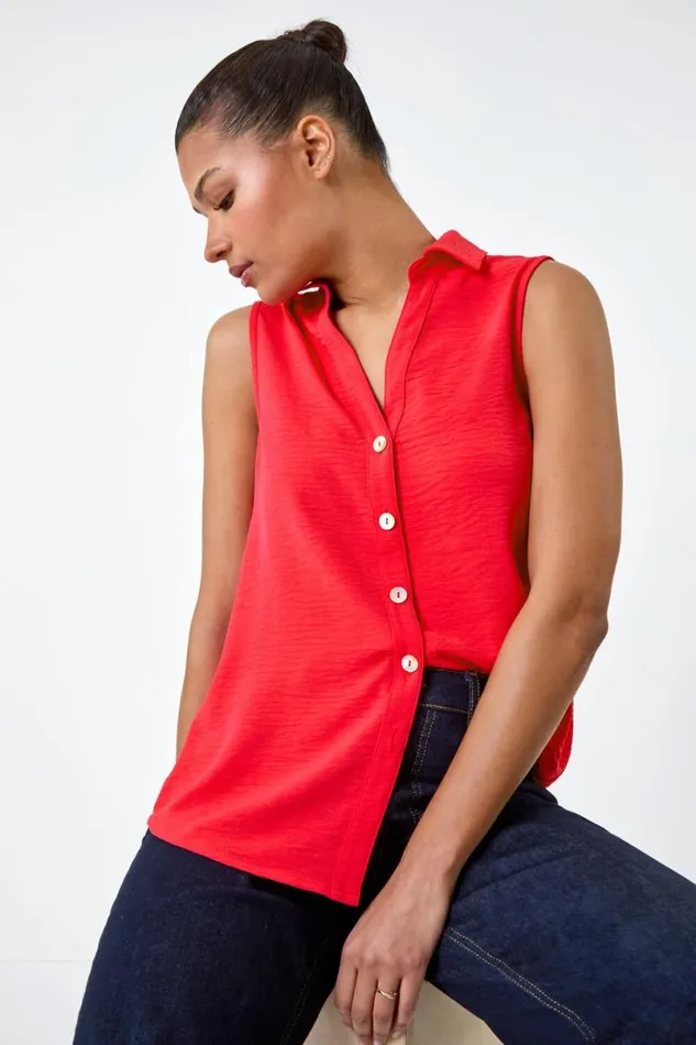 Coral Sleeveless Button Through Top Women Roman Tops