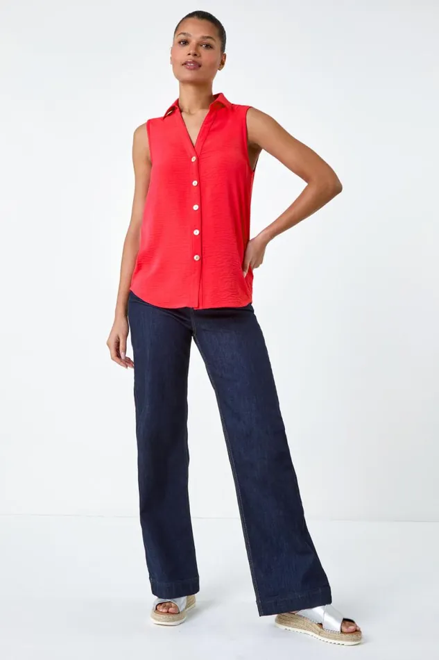 Coral Sleeveless Button Through Top Women Roman Tops