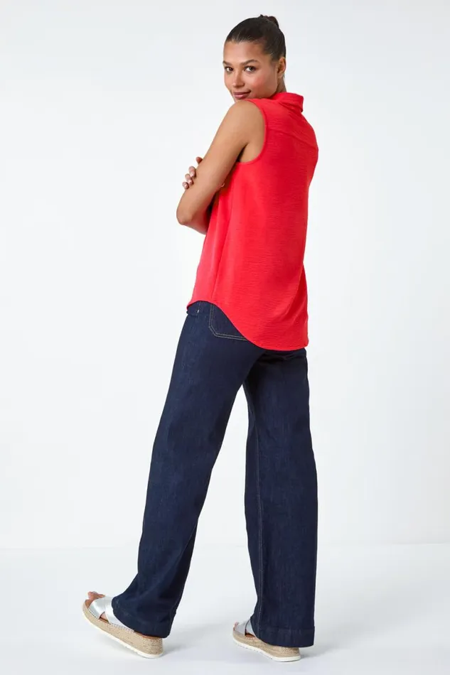Coral Sleeveless Button Through Top Women Roman Tops
