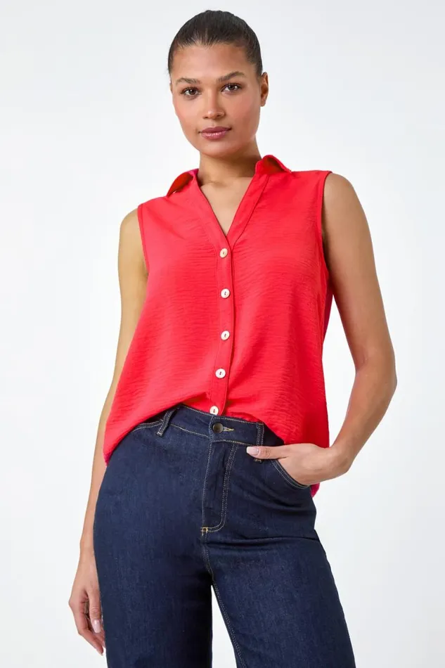 Coral Sleeveless Button Through Top Women Roman Tops