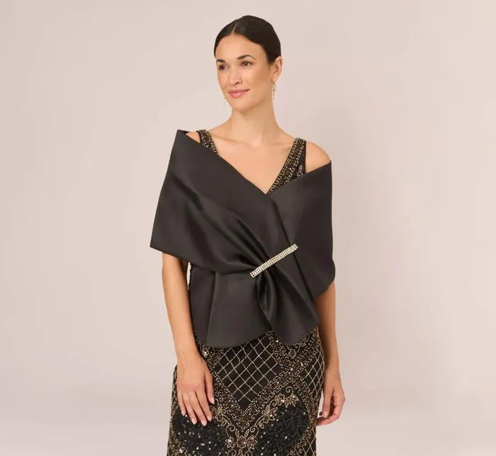 Cover Ups Womens Adrianna Papell Mikado Wrap With Stone Embellished Pin In Black