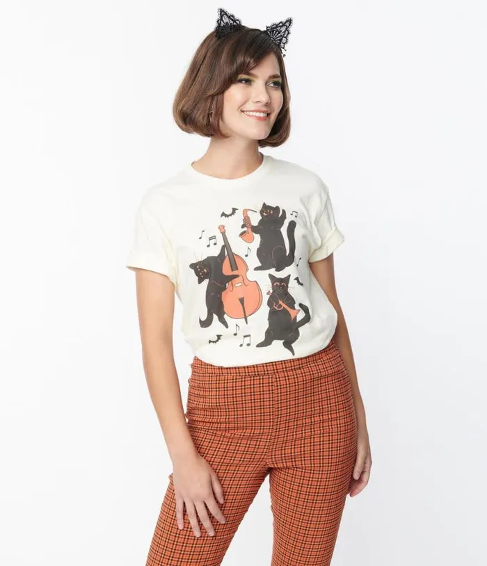 Cream Jazz Cats Unisex Graphic Tee ClothingHalloween Unique Vintage Graphic Tees
