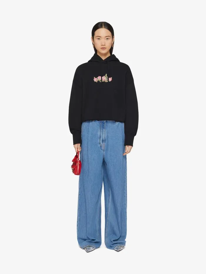 Cropped Hoodie In Cotton With Roses Print Black Women Givenchy Sweatshirts and Hoodies