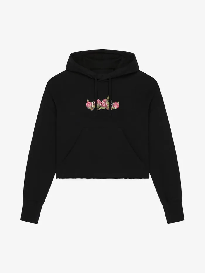 Cropped Hoodie In Cotton With Roses Print Black Women Givenchy Sweatshirts and Hoodies
