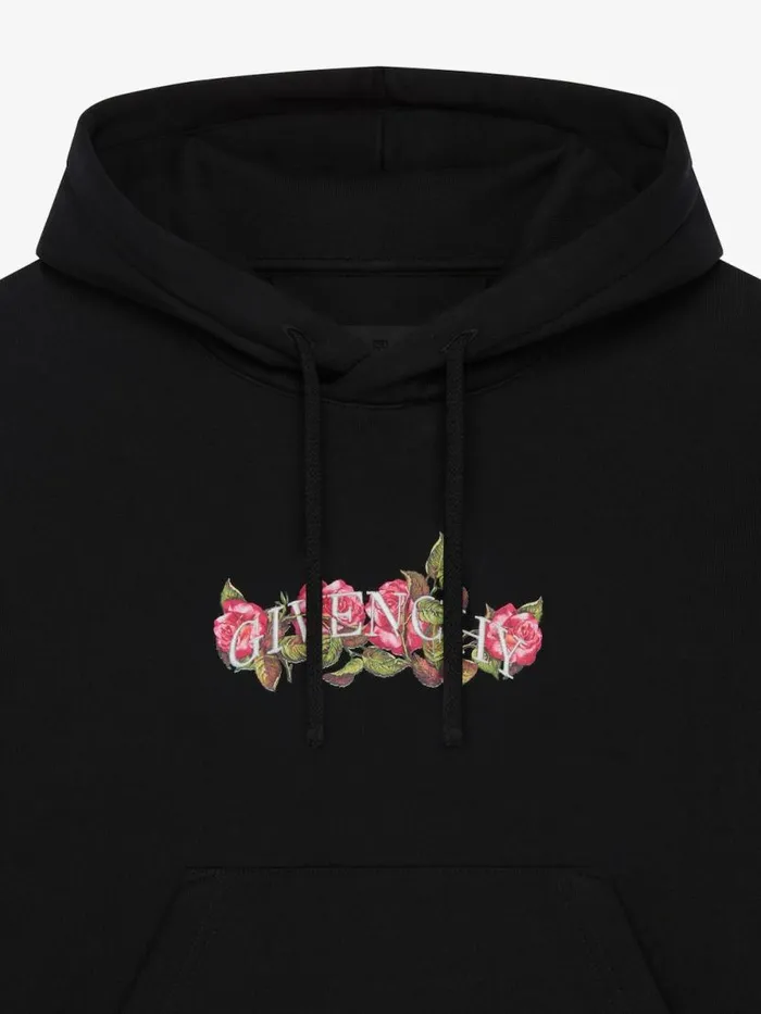 Cropped Hoodie In Cotton With Roses Print Black Women Givenchy Sweatshirts and Hoodies