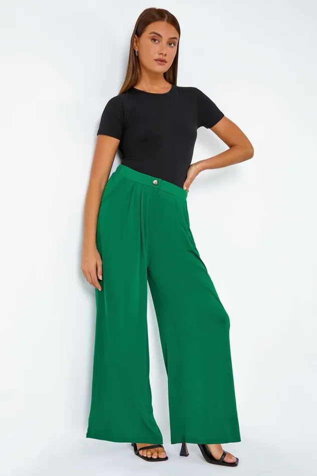 Dark Green Button Detail Wide Leg Stretch Trouser Women Roman Trousers