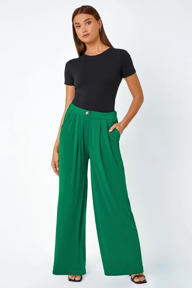 Dark Green Button Detail Wide Leg Stretch Trouser Women Roman Trousers
