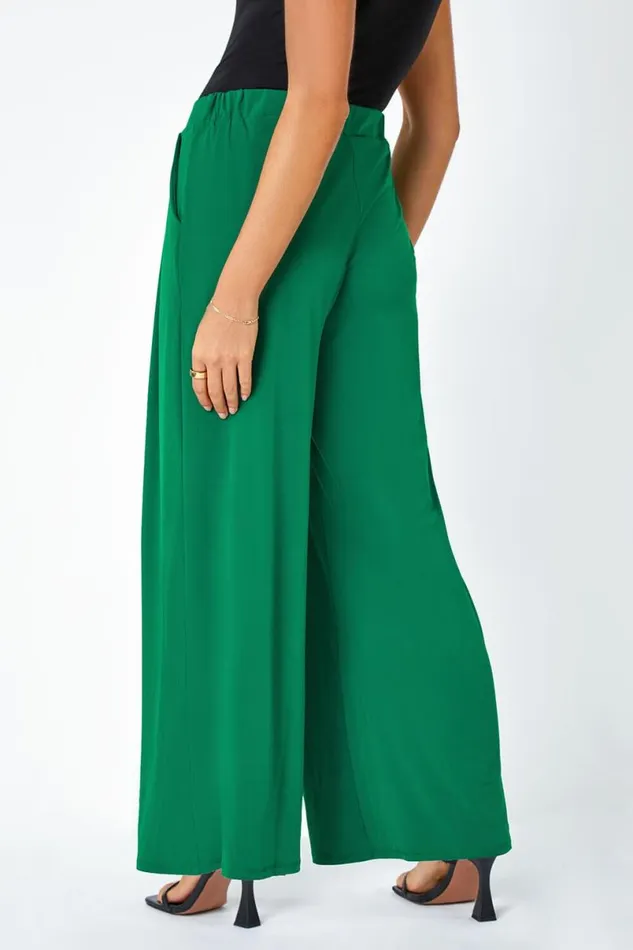 Dark Green Button Detail Wide Leg Stretch Trouser Women Roman Trousers