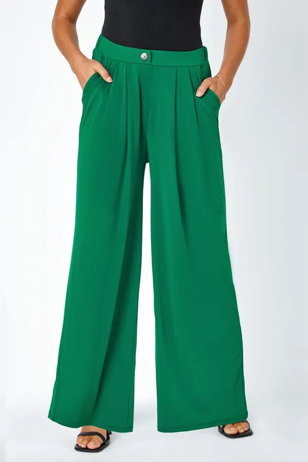 Dark Green Button Detail Wide Leg Stretch Trouser Women Roman Trousers