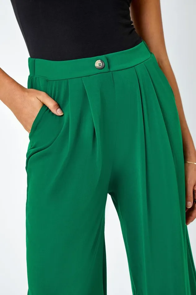 Dark Green Button Detail Wide Leg Stretch Trouser Women Roman Trousers