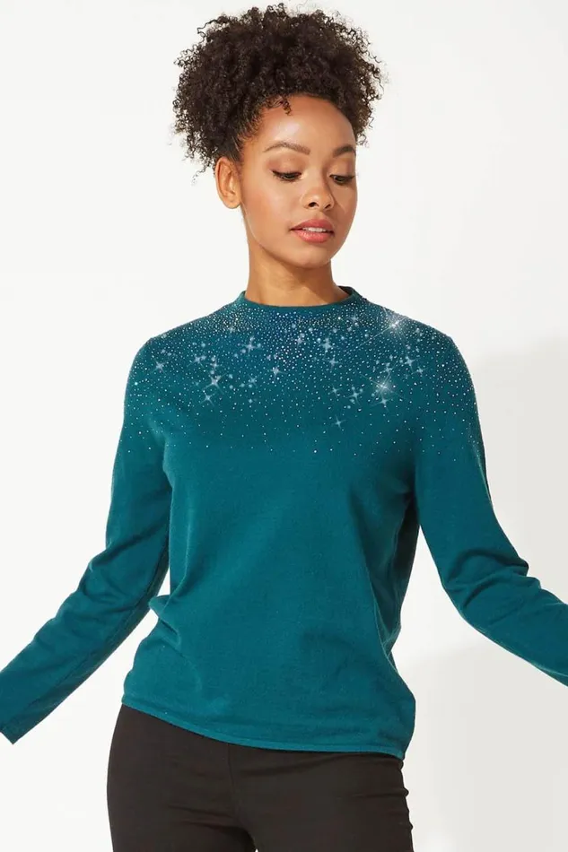 Dark Green Diamante Long Sleeve Jumper Women Roman Knitwear