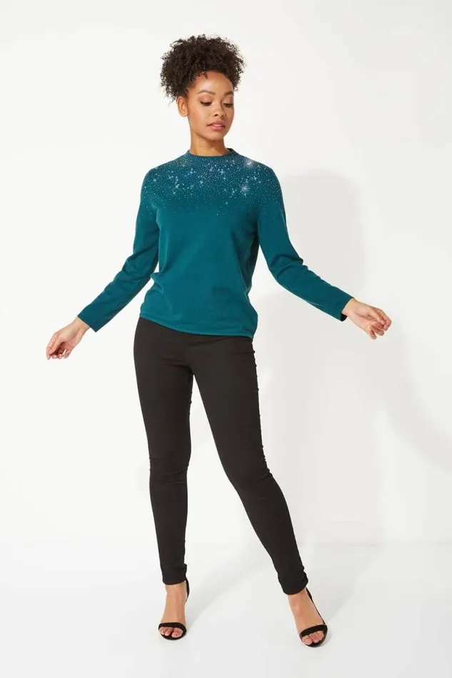 Dark Green Diamante Long Sleeve Jumper Women Roman Knitwear