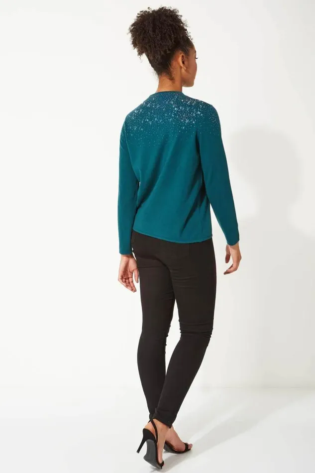 Dark Green Diamante Long Sleeve Jumper Women Roman Knitwear