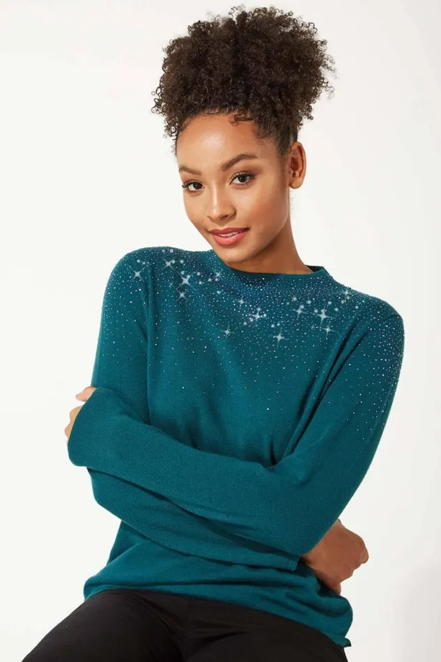 Dark Green Diamante Long Sleeve Jumper Women Roman Knitwear