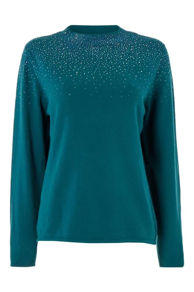 Dark Green Diamante Long Sleeve Jumper Women Roman Knitwear