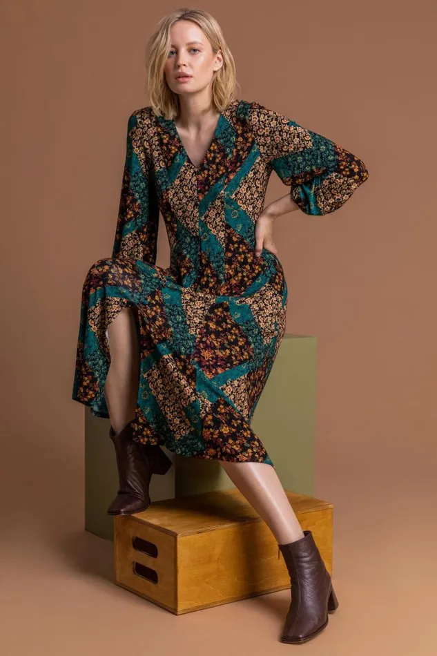 Dark Green Patchwork Fit and Flare Midi Dress Women Roman Dresses