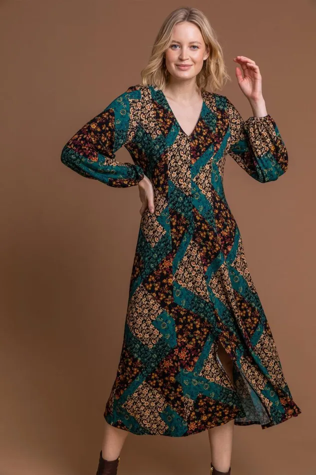 Dark Green Patchwork Fit and Flare Midi Dress Women Roman Dresses