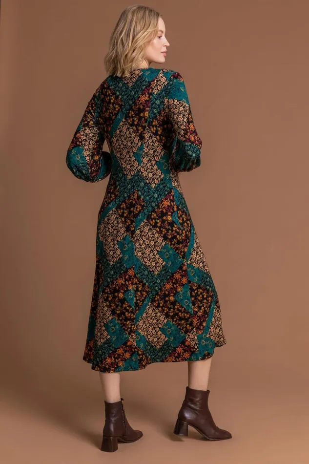 Dark Green Patchwork Fit and Flare Midi Dress Women Roman Dresses