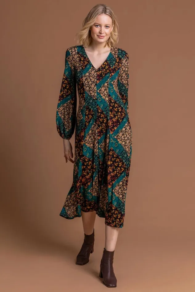 Dark Green Patchwork Fit and Flare Midi Dress Women Roman Dresses