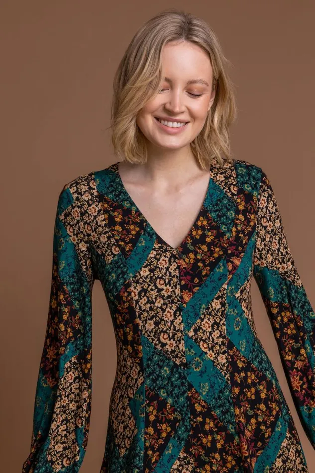 Dark Green Patchwork Fit and Flare Midi Dress Women Roman Dresses