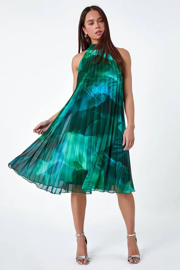 Dark Green Petite Abstract Halter Neck Pleated Dress Women Roman Dresses