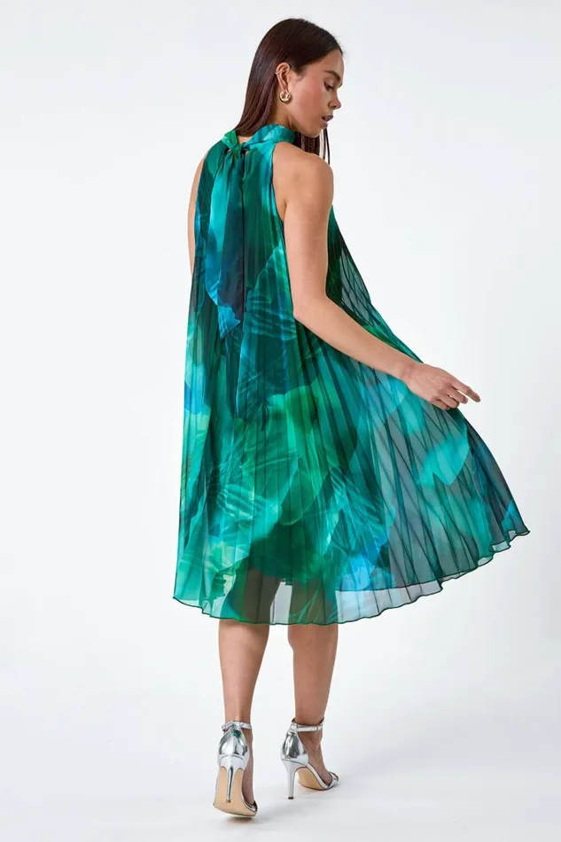 Dark Green Petite Abstract Halter Neck Pleated Dress Women Roman Dresses
