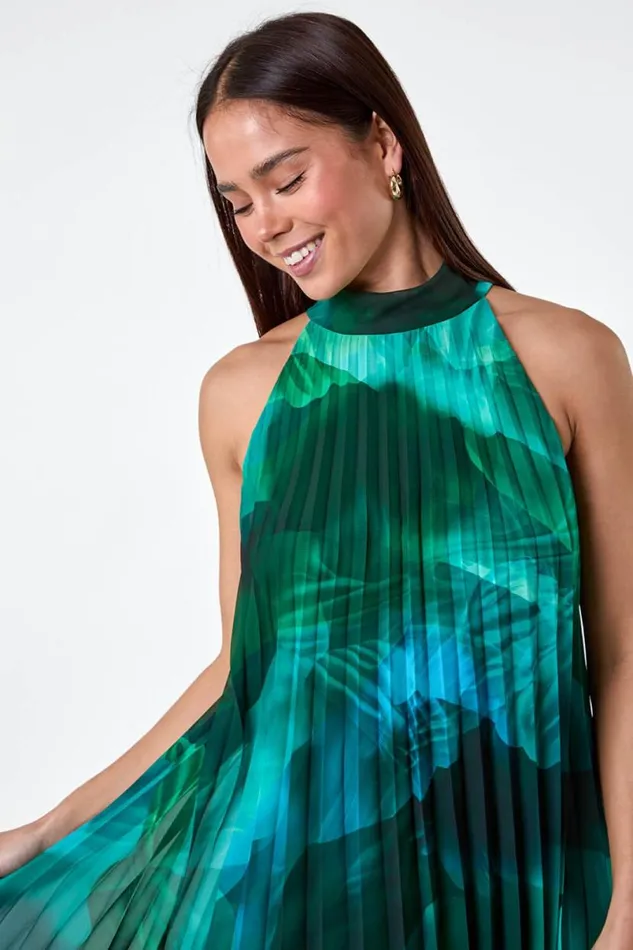 Dark Green Petite Abstract Halter Neck Pleated Dress Women Roman Dresses