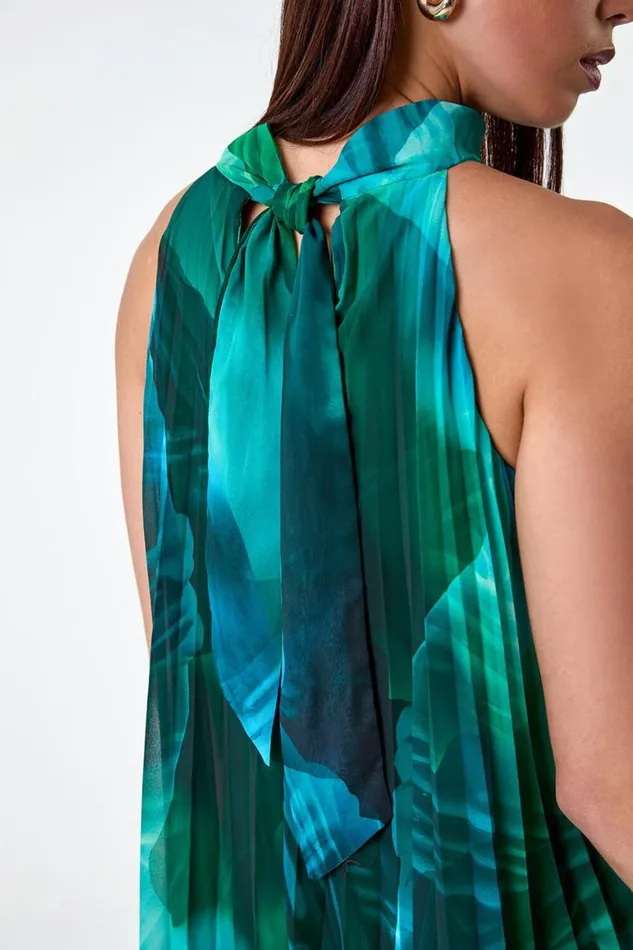 Dark Green Petite Abstract Halter Neck Pleated Dress Women Roman Dresses