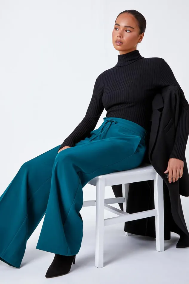 Dark Green Petite Wide Leg Stretch Trousers Women Roman Trousers