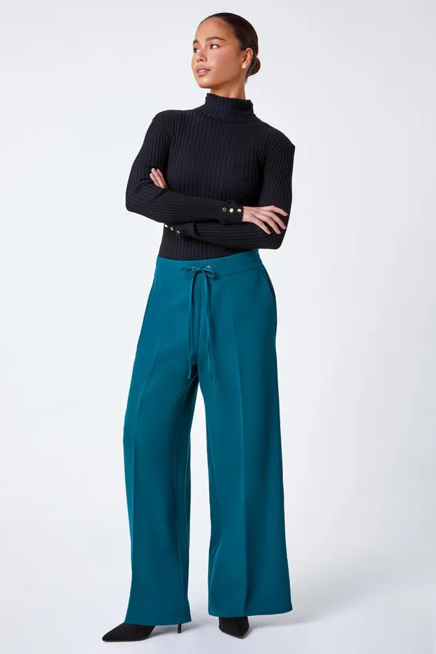Dark Green Petite Wide Leg Stretch Trousers Women Roman Trousers
