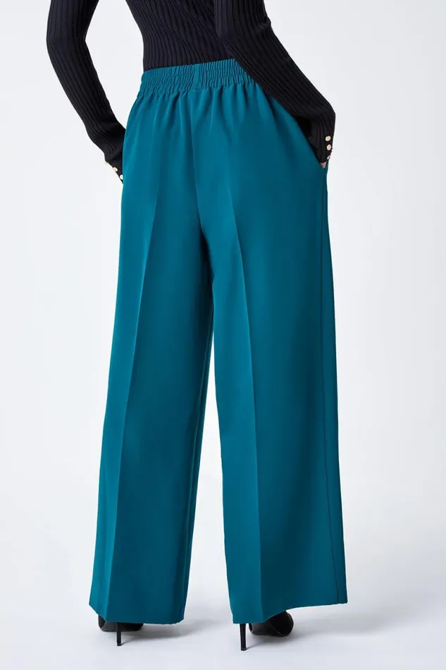 Dark Green Petite Wide Leg Stretch Trousers Women Roman Trousers