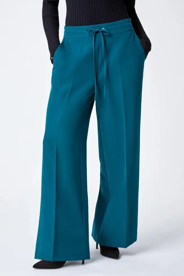 Dark Green Petite Wide Leg Stretch Trousers Women Roman Trousers