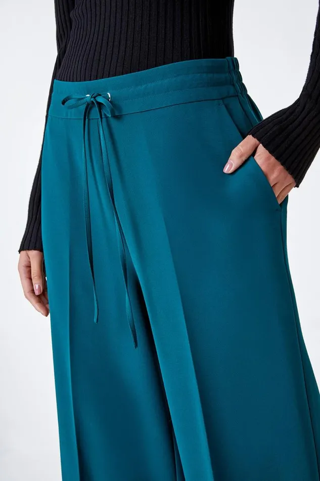 Dark Green Petite Wide Leg Stretch Trousers Women Roman Trousers
