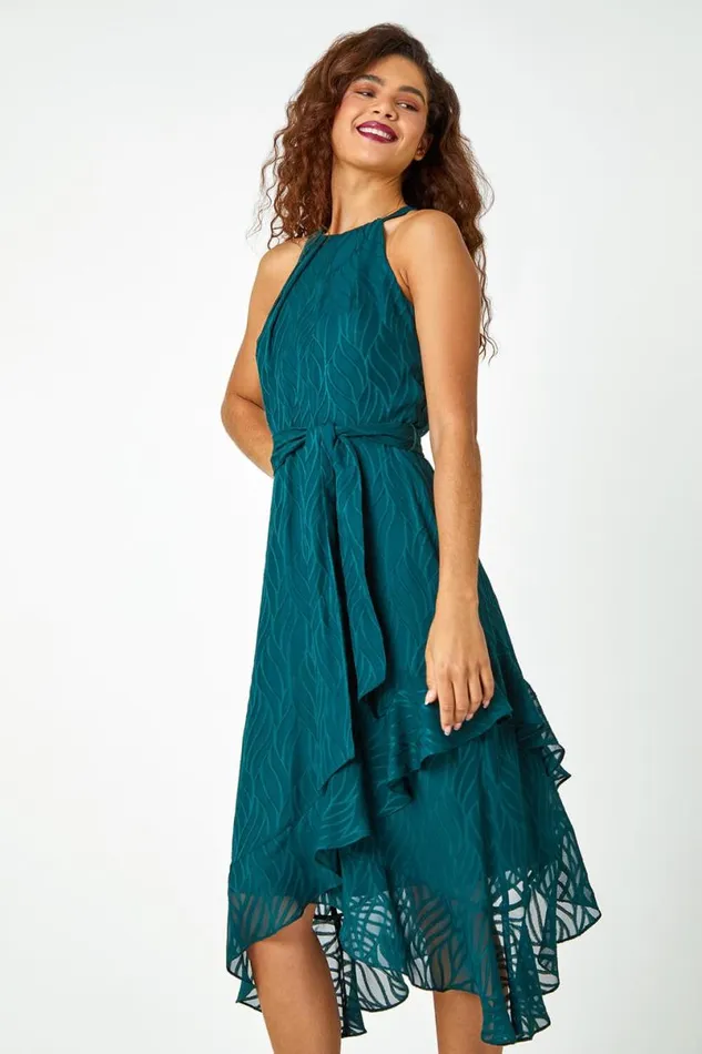 Dark Green Textured Chiffon Halterneck Midi Dress Women Roman Dresses