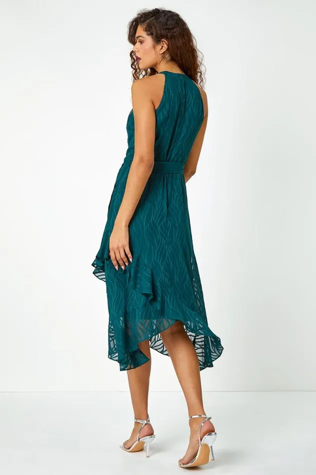 Dark Green Textured Chiffon Halterneck Midi Dress Women Roman Dresses