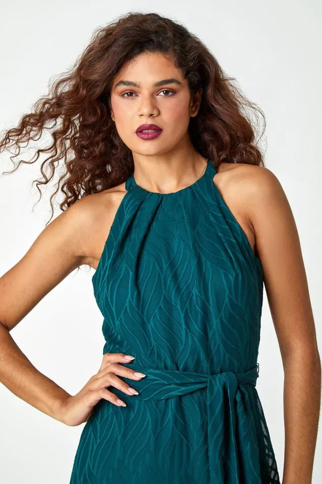 Dark Green Textured Chiffon Halterneck Midi Dress Women Roman Dresses
