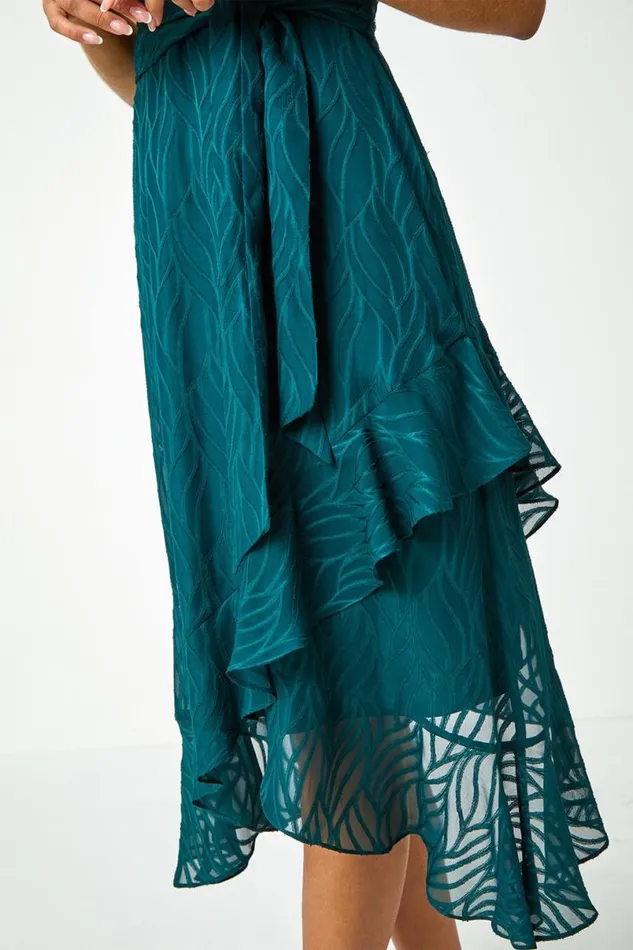 Dark Green Textured Chiffon Halterneck Midi Dress Women Roman Dresses