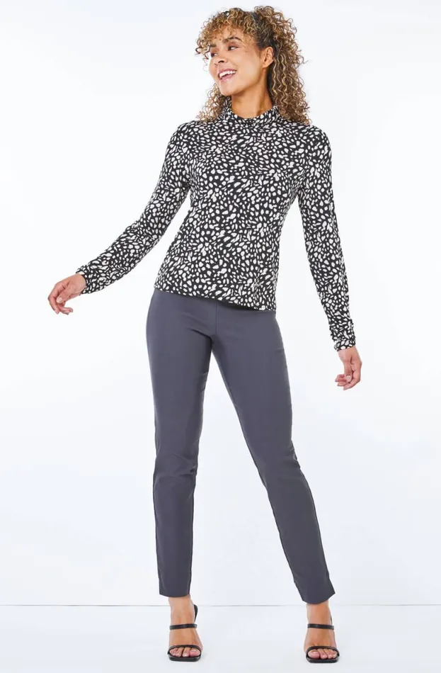 Dark Grey Petite Full Length Elastic Waist Trousers Women Roman Trousers
