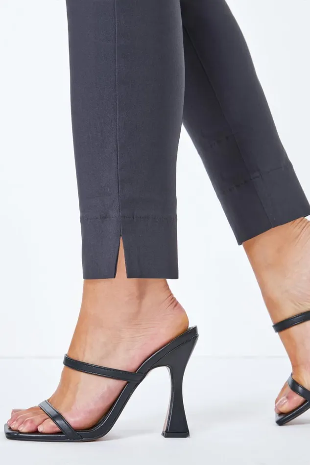 Dark Grey Petite Full Length Elastic Waist Trousers Women Roman Trousers