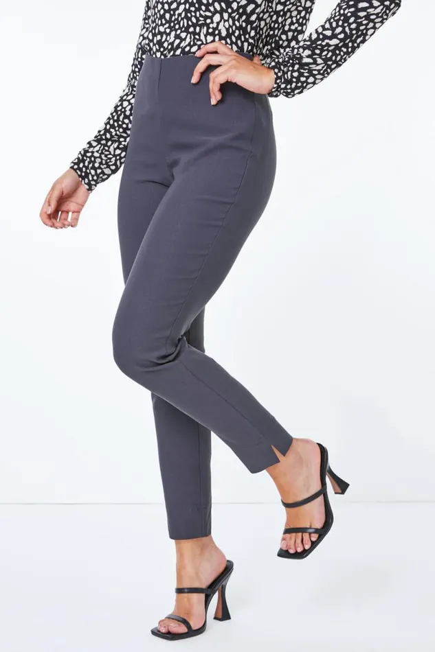 Dark Grey Petite Full Length Elastic Waist Trousers Women Roman Trousers