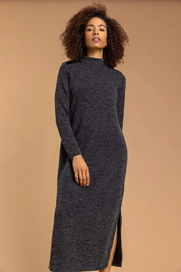 Dark Grey Ribbed Knit Midi Dress Women Roman Dresses