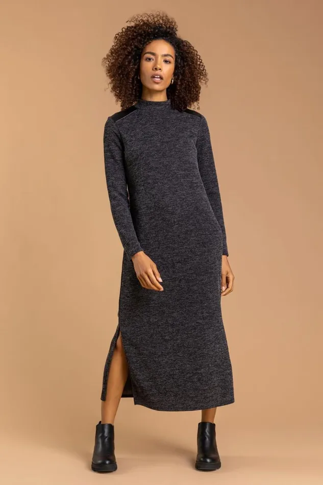Dark Grey Ribbed Knit Midi Dress Women Roman Dresses
