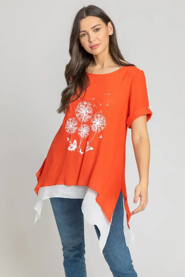 Dark Orange Dandelion Floral Hanky Hem Tunic Top Women Roman Tops